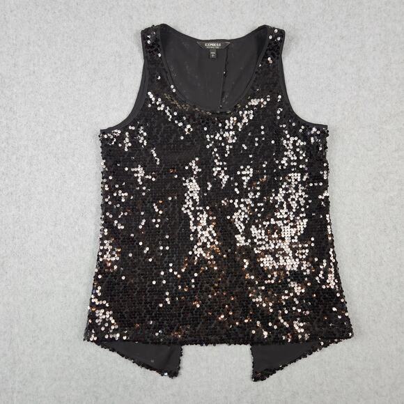 🌼Express Top Womens Size Small Split Back Tank Black Sequin - Picture 6 of 14